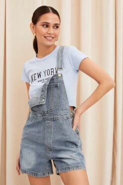 Blue Carpenter Overall Shorts Denim -Midi Dresses Style dungaree blue carpenter overall shorts denim 33126737903809