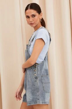 Blue Carpenter Overall Shorts Denim -Midi Dresses Style dungaree blue carpenter overall shorts denim 33126738002113
