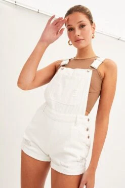 White Overall Shorts Denim -Midi Dresses Style dungaree white overall shorts denim 33136910303425