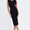 Black Knit Dress Sleeveless Round Neck Midi Shoulder Pad