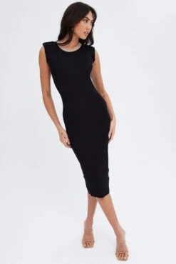 Black Knit Dress Sleeveless Round Neck Midi Shoulder Pad -Midi Dresses Style ed0059 40cb black 3