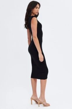 Black Knit Dress Sleeveless Round Neck Midi Shoulder Pad -Midi Dresses Style ed0059 40cb black 4