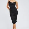 Black Bodycon Midi Dress Rose Strappy Rosette Gathered -Midi Dresses Style ed0079 34zb black 1