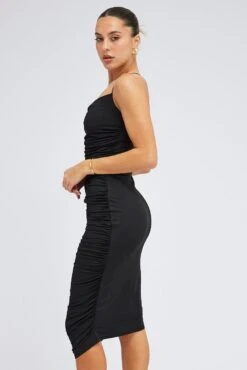 Black Bodycon Midi Dress Rose Strappy Rosette Gathered -Midi Dresses Style ed0079 34zb black 4