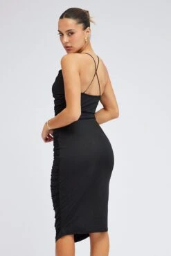 Black Bodycon Midi Dress Rose Strappy Rosette Gathered -Midi Dresses Style ed0079 34zb black 5