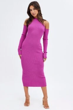 Pink Knit Dress Cold Shoulder Mock Neck Midi Rib -Midi Dresses Style ed0159a 40cb hot pink 3