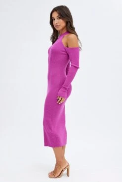 Pink Knit Dress Cold Shoulder Mock Neck Midi Rib -Midi Dresses Style ed0159a 40cb hot pink 4