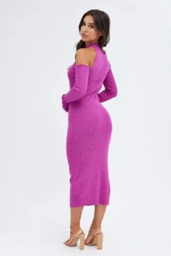 Pink Knit Dress Cold Shoulder Mock Neck Midi Rib -Midi Dresses Style ed0159a 40cb hot pink 5