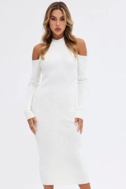 White Knit Dress Cold Shoulder Mock Neck Midi Rib 9 White Knit Dress Cold Shoulder Mock Neck Midi Rib -Midi Dresses Style ed0159a 40cb white 2
