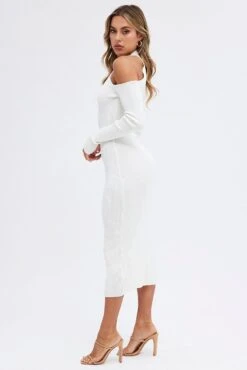 White Knit Dress Cold Shoulder Mock Neck Midi Rib 11 White Knit Dress Cold Shoulder Mock Neck Midi Rib -Midi Dresses Style ed0159a 40cb white 4