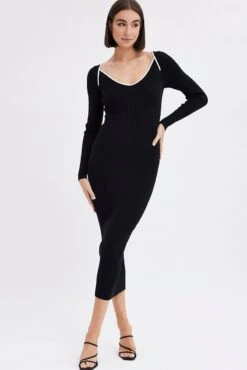 Black Midi Dress Long Sleeve Sweetheart Contrast Bind -Midi Dresses Style ed0165 38cb black 3