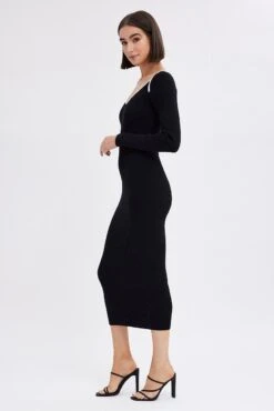 Black Midi Dress Long Sleeve Sweetheart Contrast Bind -Midi Dresses Style ed0165 38cb black 4