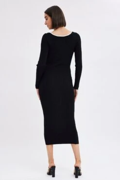 Black Midi Dress Long Sleeve Sweetheart Contrast Bind -Midi Dresses Style ed0165 38cb black 5