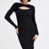 Black Midi Dress Long Sleeve Round Neck Keyhole Rib Knit