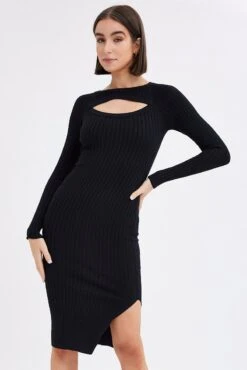 Black Midi Dress Long Sleeve Round Neck Keyhole Rib Knit -Midi Dresses Style ed0171 38cb black 3