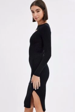 Black Midi Dress Long Sleeve Round Neck Keyhole Rib Knit -Midi Dresses Style ed0171 38cb black 4