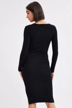 Black Midi Dress Long Sleeve Round Neck Keyhole Rib Knit -Midi Dresses Style ed0171 38cb black 5