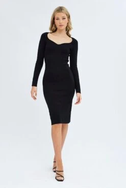 Black Midi Dress Long Sleeve Sweetheart Neckline Knit -Midi Dresses Style ed0172 40cb black 3