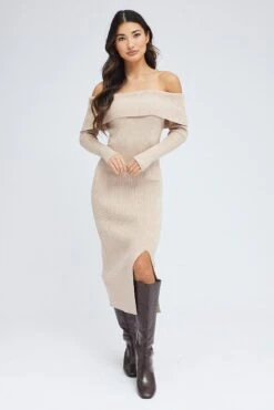 Camel Midi Dress Long Sleeve Off Shoulder Bardot Knit