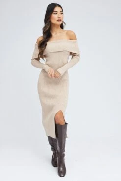 Camel Midi Dress Long Sleeve Off Shoulder Bardot Knit -Midi Dresses Style ed0173 38cb beige 3