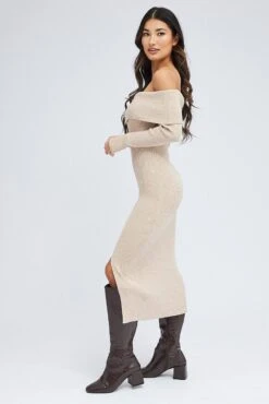 Camel Midi Dress Long Sleeve Off Shoulder Bardot Knit -Midi Dresses Style ed0173 38cb beige 4