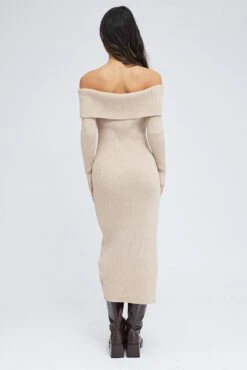 Camel Midi Dress Long Sleeve Off Shoulder Bardot Knit -Midi Dresses Style ed0173 38cb beige 5