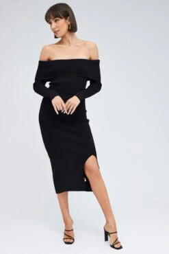 Black Midi Dress Long Sleeve Off Shoulder Bardot Knit -Midi Dresses Style ed0173 38cb black 3