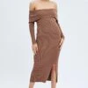 Brown Midi Dress Long Sleeve Off Shoulder Bardot Knit 1 Brown Midi Dress Long Sleeve Off Shoulder Bardot Knit -Midi Dresses Style ed0173 38cb brown 1