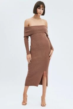 Brown Midi Dress Long Sleeve Off Shoulder Bardot Knit