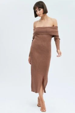 Brown Midi Dress Long Sleeve Off Shoulder Bardot Knit -Midi Dresses Style ed0173 38cb brown 3