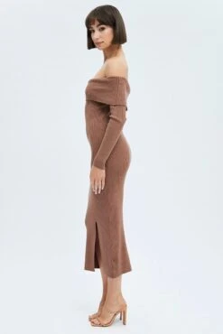 Brown Midi Dress Long Sleeve Off Shoulder Bardot Knit -Midi Dresses Style ed0173 38cb brown 4