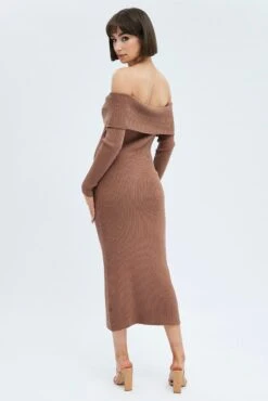 Brown Midi Dress Long Sleeve Off Shoulder Bardot Knit -Midi Dresses Style ed0173 38cb brown 5