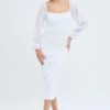 White Midi Dress Long Sleeve Square Neck Ruched Bodycon -Midi Dresses Style ed0175 35cb white 1