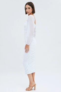 White Midi Dress Long Sleeve Square Neck Ruched Bodycon -Midi Dresses Style ed0175 35cb white 4