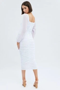 White Midi Dress Long Sleeve Square Neck Ruched Bodycon -Midi Dresses Style ed0175 35cb white 5