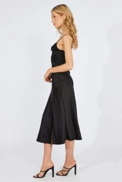 Black Satin Dress Cocktail Split Side Strappy -Midi Dresses Style ed14301 34p black 4
