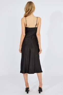 Black Satin Dress Cocktail Split Side Strappy -Midi Dresses Style ed14301 34p black 5