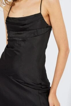 Black Satin Dress Cocktail Split Side Strappy -Midi Dresses Style ed14301 34p black 6