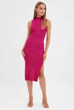 Pink Midi Dress High Neck Knit -Midi Dresses Style ed14324b 40mb hot pink 3