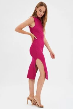 Pink Midi Dress High Neck Knit -Midi Dresses Style ed14324b 40mb hot pink 4