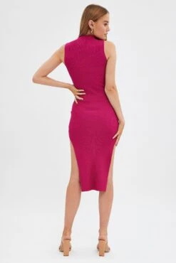Pink Midi Dress High Neck Knit -Midi Dresses Style ed14324b 40mb hot pink 5