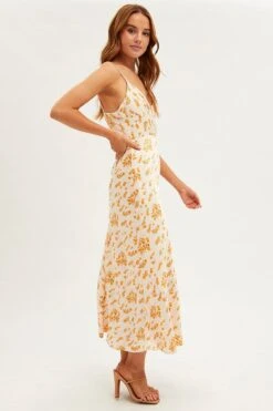 White Floral Midi Dress Sleeveless V-Neck Satin -Midi Dresses Style ed2537 81pb floral 4