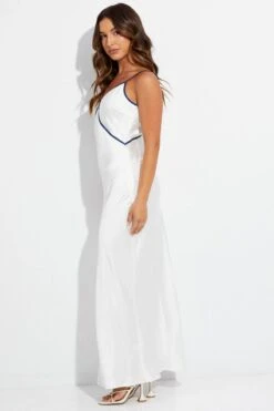 White Maxi Dress V Neck Contrast Binding Details Satin -Midi Dresses Style ed4008 33mb cream 4