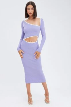 Purple Knit Dress Midi Long Sleeve Cut Out -Midi Dresses Style ed4019 40mb lilac 3