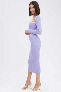 Purple Knit Dress Midi Long Sleeve Cut Out -Midi Dresses Style ed4019 40mb lilac 4
