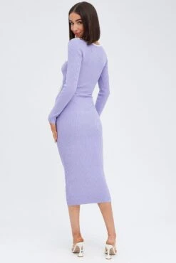 Purple Knit Dress Midi Long Sleeve Cut Out -Midi Dresses Style ed4019 40mb lilac 5