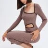 Brown Knit Dress Midi Long Sleeve Cut Out -Midi Dresses Style ed4019 40mb mocha 1