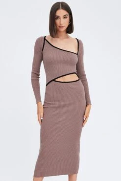 Brown Knit Dress Midi Long Sleeve Cut Out 9 Brown Knit Dress Midi Long Sleeve Cut Out -Midi Dresses Style ed4019 40mb mocha 2