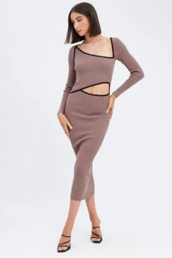 Brown Knit Dress Midi Long Sleeve Cut Out 10 Brown Knit Dress Midi Long Sleeve Cut Out -Midi Dresses Style ed4019 40mb mocha 3