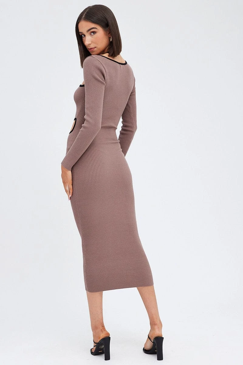 Brown Knit Dress Midi Long Sleeve Cut Out 7 Brown Knit Dress Midi Long Sleeve Cut Out - Image 5